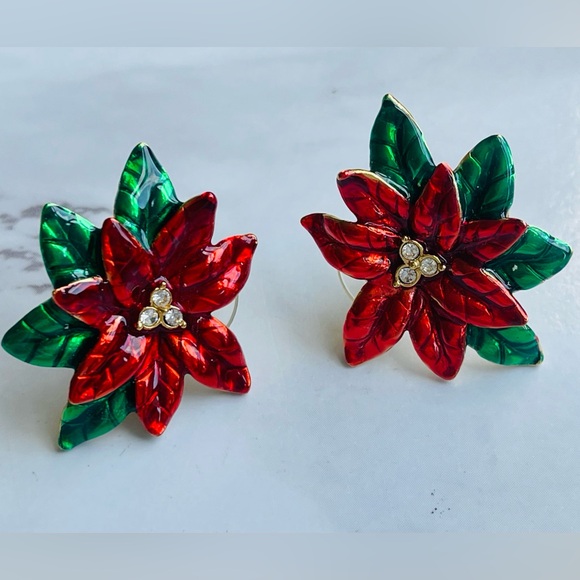Vintage Christmas Red Green Enamel Rhinestone Gold Tone Poinsettia Post Earrings - Picture 3 of 4